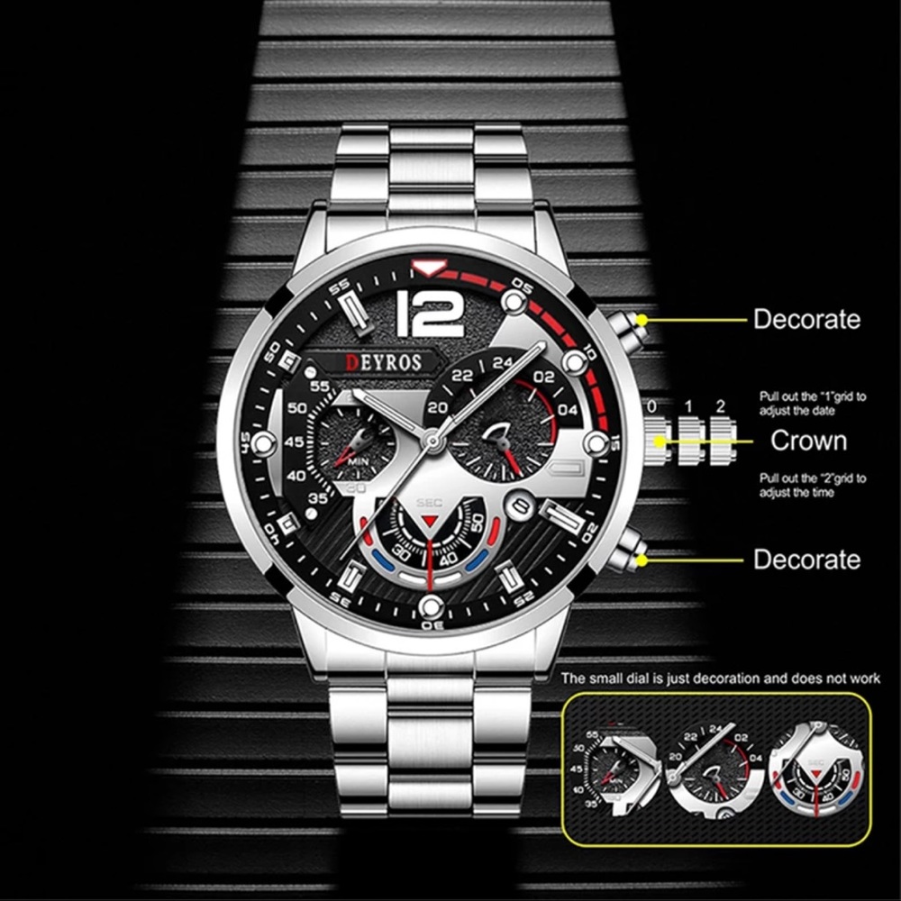 New Silver Chronograph Mens Sport Quartz Waterproof Luxury Stainless Steel Watch - Picture 4 of 13